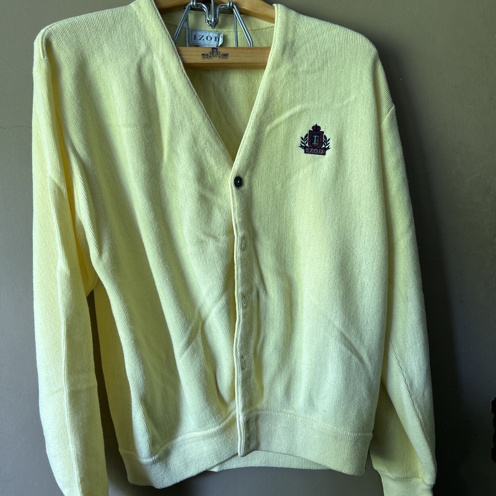 Vintage Izod Crest Logo Pale Yellow Orlon Acrylic Cardigan Sweater Mens Large‎
